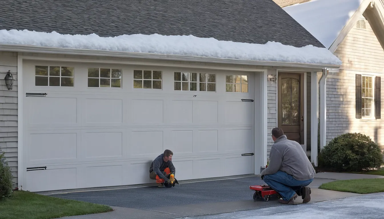 A friendly local provider checking the track alignment on a residential garage door in the South Plainfield area